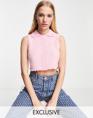 Reclaimed Vintage inspired fluffy top with lettuce hem in pink co-ord