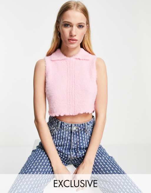 Reclaimed Vintage Inspired fluffy top with lettuce hem in pink (Part of a set)
