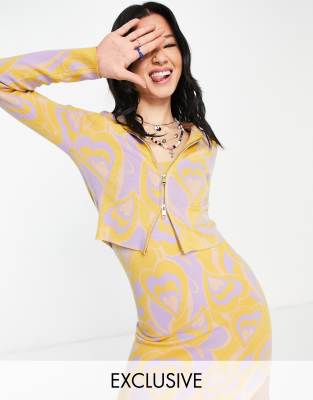 Reclaimed Vintage Inspired - Gebreide hoodie met jaren 70-stijl hartenprint, deel van co-ord set