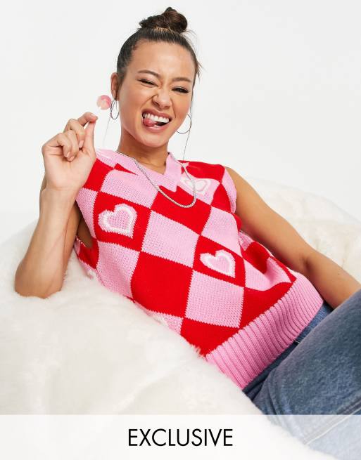 Reclaimed Vintage Inspired - Gebreide tanktop met harten en ruitprint in roze