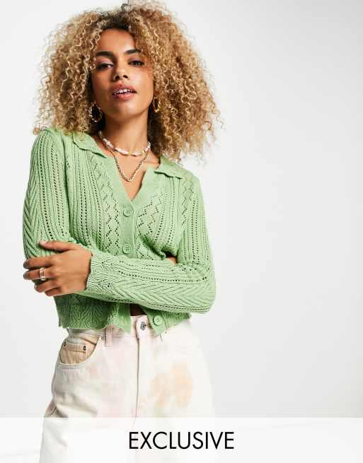 Reclaimed Vintage Inspired – Gehäkelte Polo-Strickjacke in Apfelgrün
