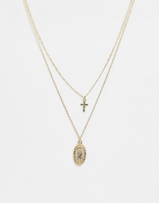 Reclaimed Vintage - Inspired - Gelaagde halsketting met kruisje en St. Kristoffel-Goud