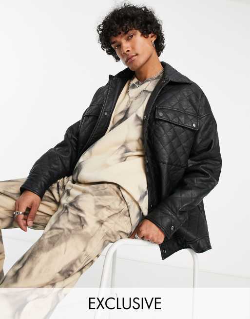 Reclaimed Vintage - Inspired - Gewatteerd jack in leerlook in zwart
