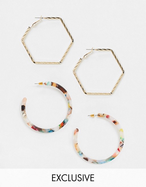 Reclaimed Vintage inspired gold geometric and multicoloured resin hoop earring multipack
