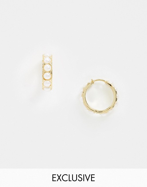 Reclaimed Vintage inspired gold plate huggie hoop earrings with pearl