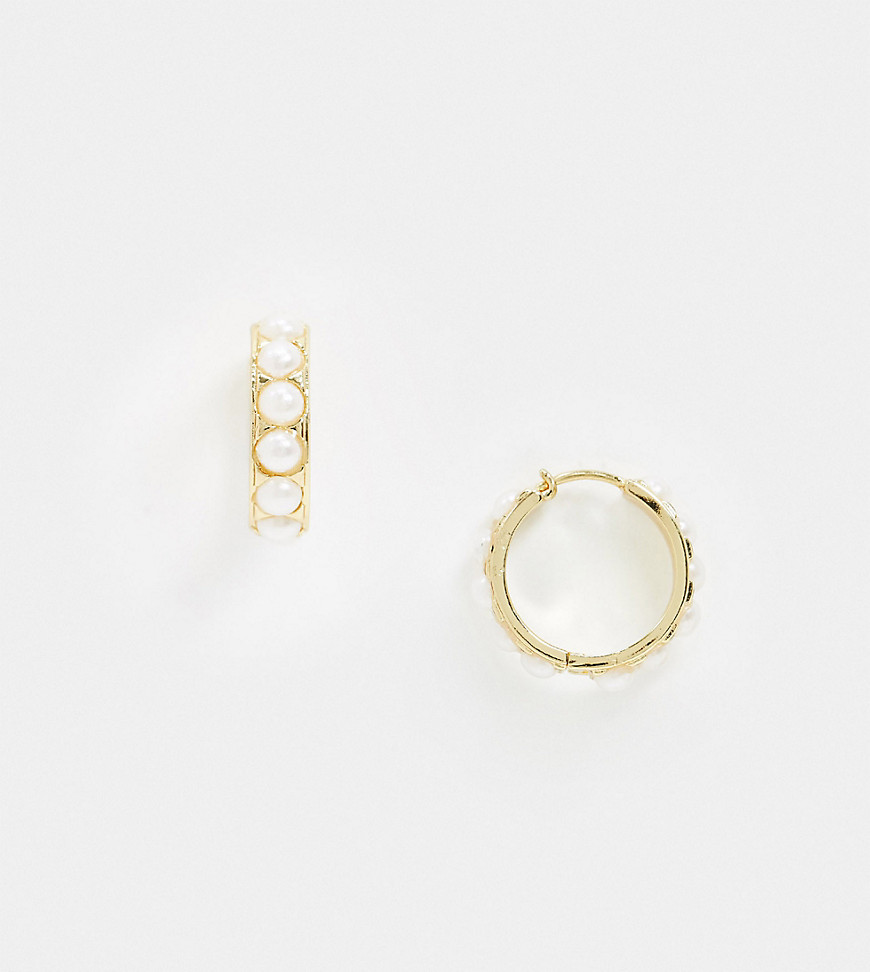 Reclaimed Vintage inspired gold plate huggie hoop earrings with pearl