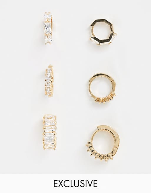 Reclaimed vintage inspired gold plated huggie hoop pack with crystal detail