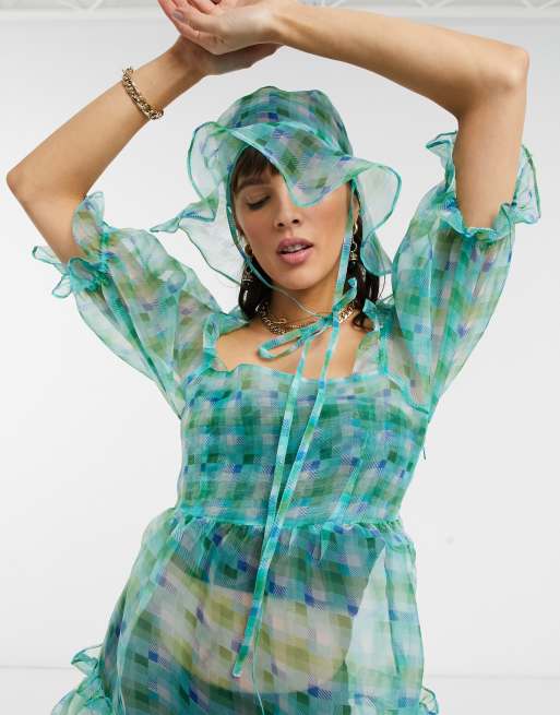 Reclaimed Vintage inspired - Grøn ternet organza mini smock-kjole, 3 af 4