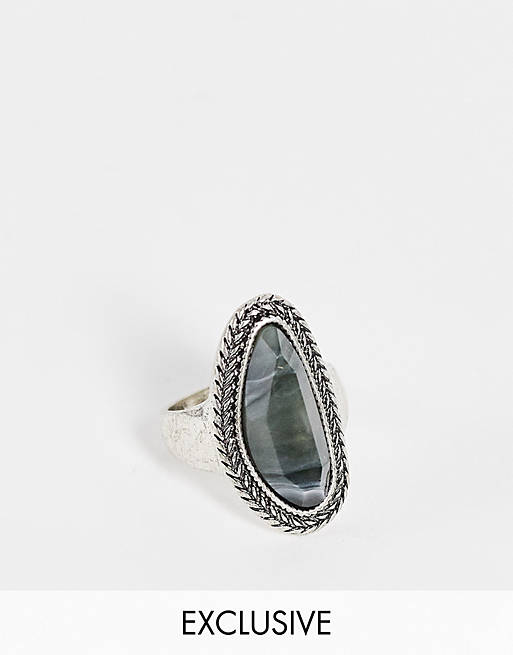 Reclaimed Vintage inspired grunge stone ring in silver