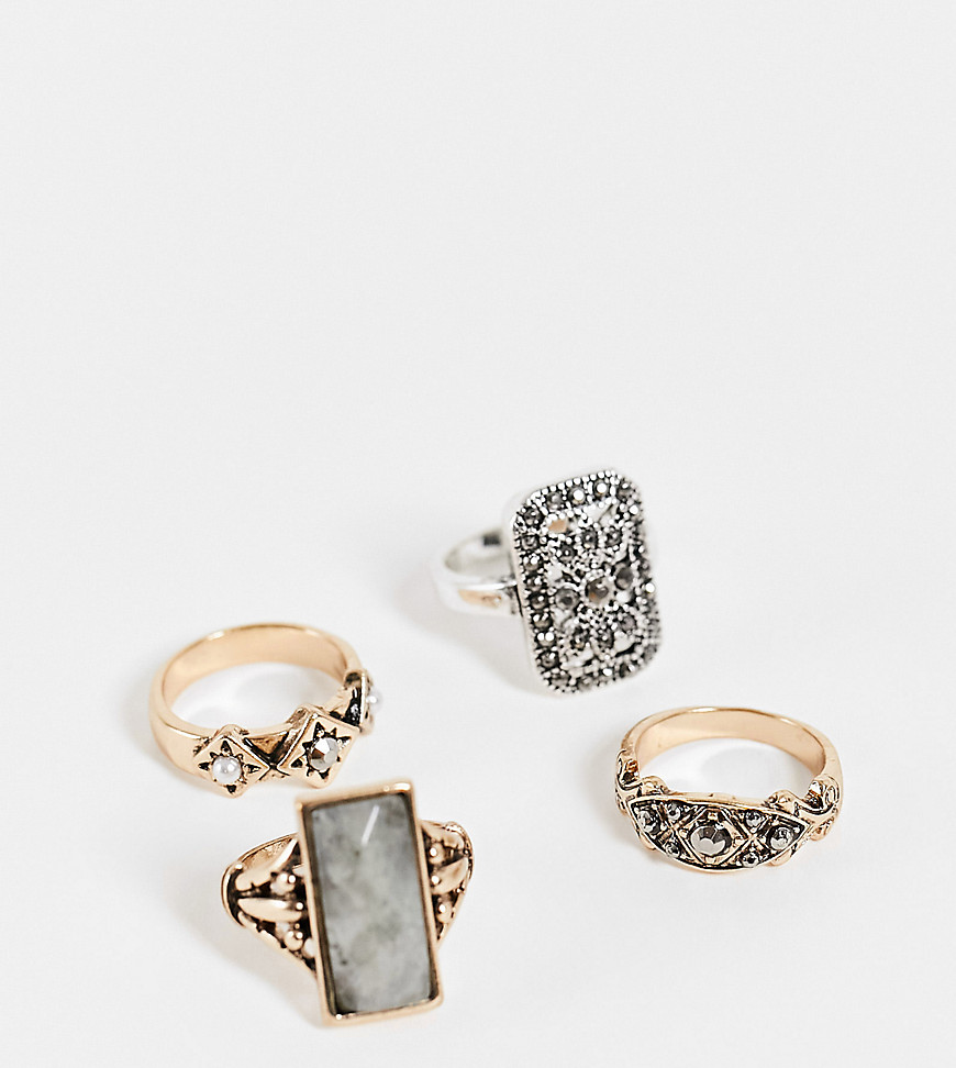 Reclaimed Vintage inspired grungy rings with stones in mixed metal 4 pack-Multi