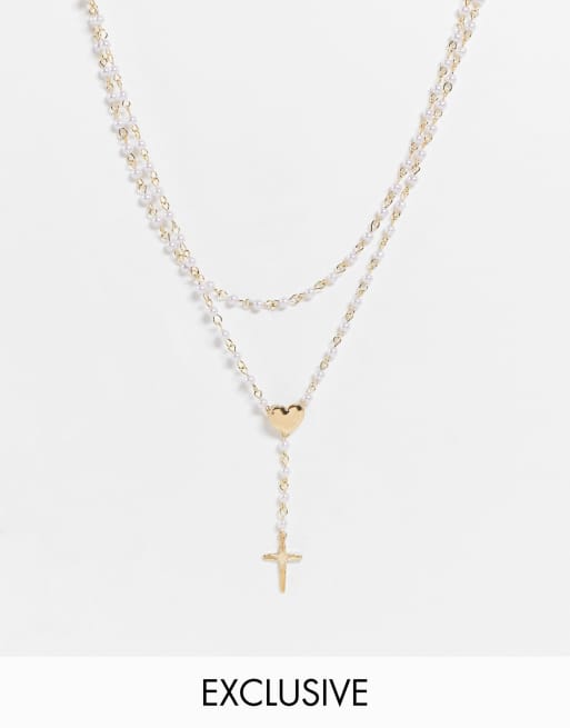 Reclaimed Vintage Inspired – Guldfärgat pärlhalsband i unisex-modell med hjärta och kors