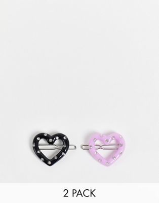 Reclaimed Vintage inspired hair clip 2 pack with purple and black hearts