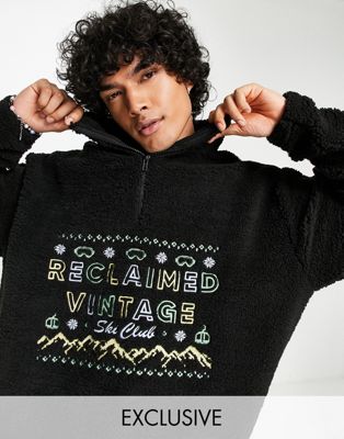 Reclaimed Vintage inspired half zip fleece with ski logo embroidery in black co-ord