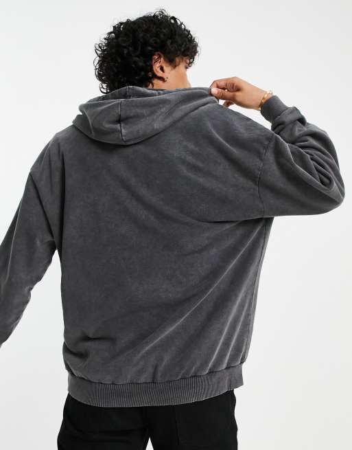 Reclaimed Vintage Inspired half zip logo hoodie in charcoal