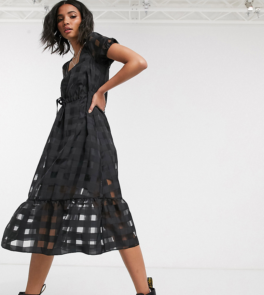 Reclaimed Vintage - Inspired - Halflange organza jurk, geruit en met pofmouwen-Zwart