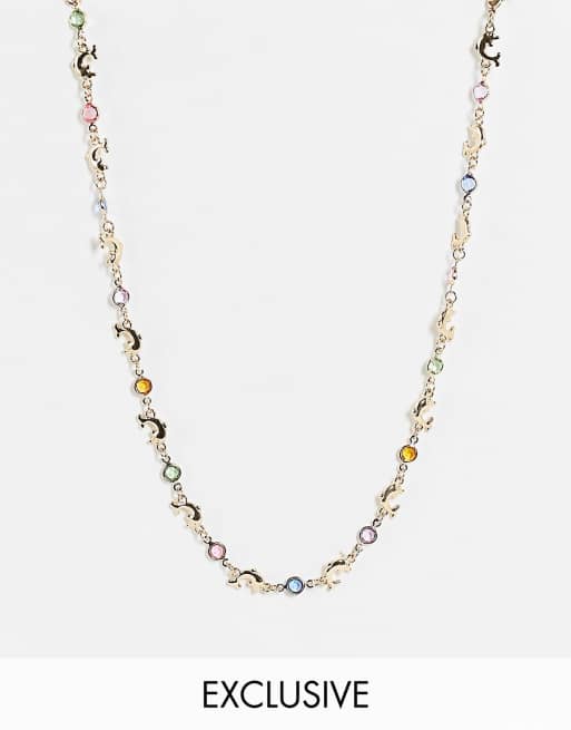 Reclaimed Vintage – Inspired – Halsband med färgade stenar och delfin