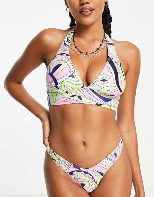 Reclaimed Vintage inspired halter bikini top in bright retro swirl print