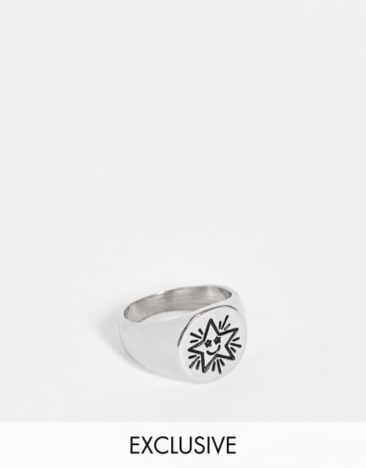 Reclaimed vintage inspired happy face star signet ring in silver