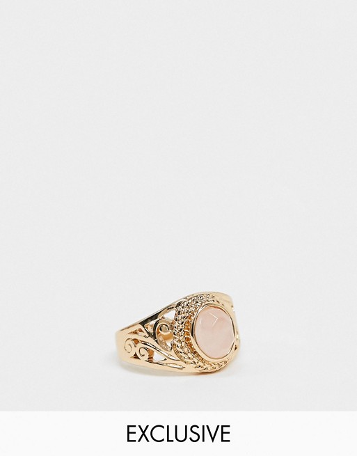 Reclaimed Vintage inspired harmony faux rose quartz ring in gold plate