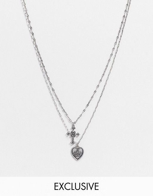 Reclaimed Vintage inspired heart and cross multirow in silver