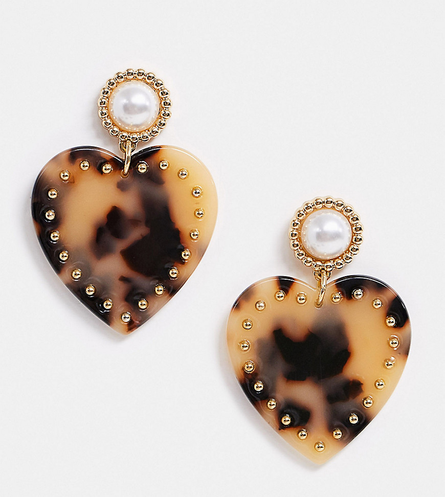 Reclaimed Vintage inspired heart earring in tort and pearl mix-Brown