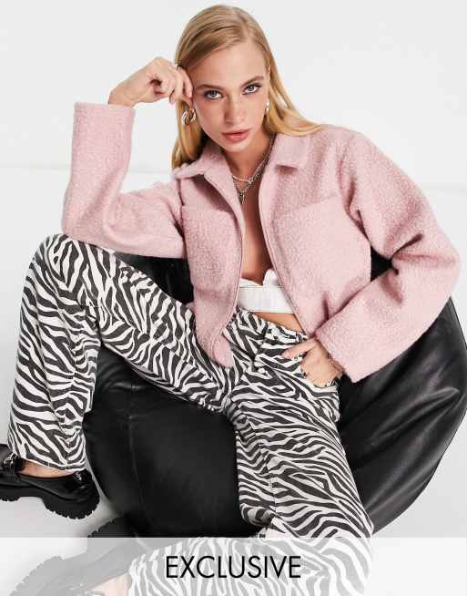 Reclaimed Vintage Inspired – Hemdjacke in Rosa Teddyfell mit Reißverschluss
