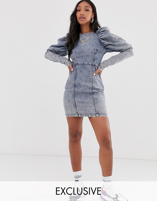 Reclaimed vintage inspired denim dress with puff sleeve