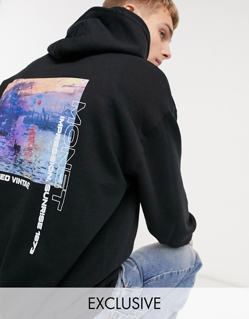 Reclaimed Vintage inspired hoodie with back monet print in black