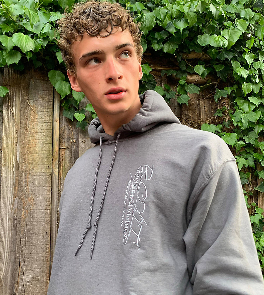 Reclaimed Vintage inspired hoodie with logo embroidery in washed charcoal-Grey