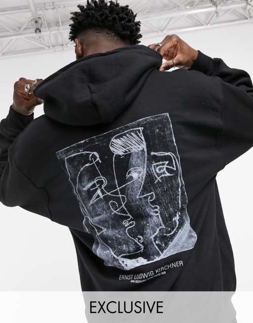 Reclaimed Vintage inspired hoodie with sketchy face print in black