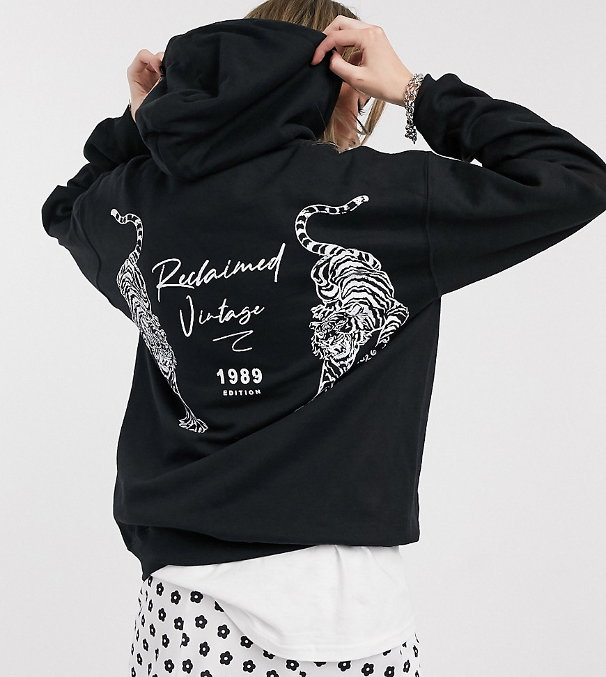 Reclaimed Vintage inspired hoodie with tiger logo print in black