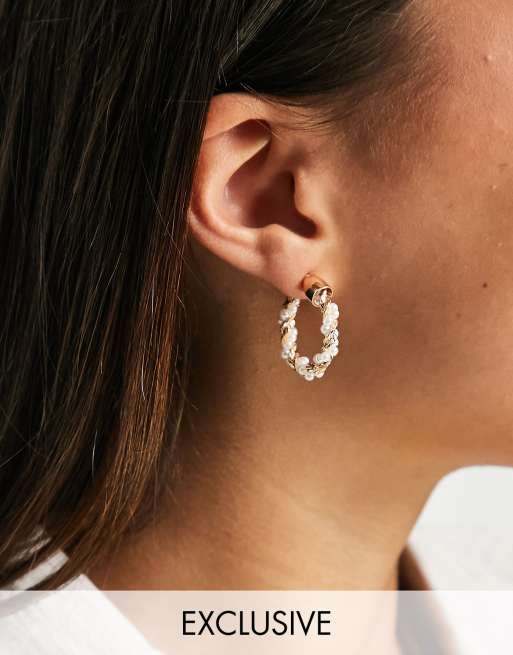 Reclaimed Vintage Inspired hoop earrings in gold and faux pearl