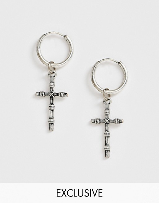 Reclaimed Vintage inspired hoop earrings with cross detail in burnished silver exclusive to ASOS