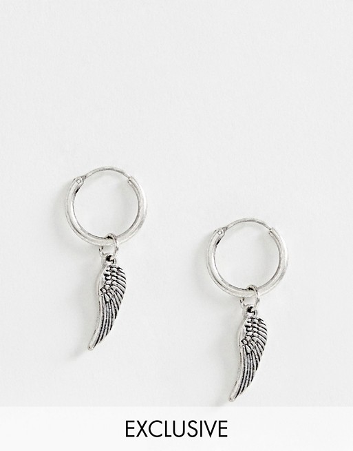 Reclaimed Vintage inspired hoop earrings with wing in burnished silver exclusive at ASOS