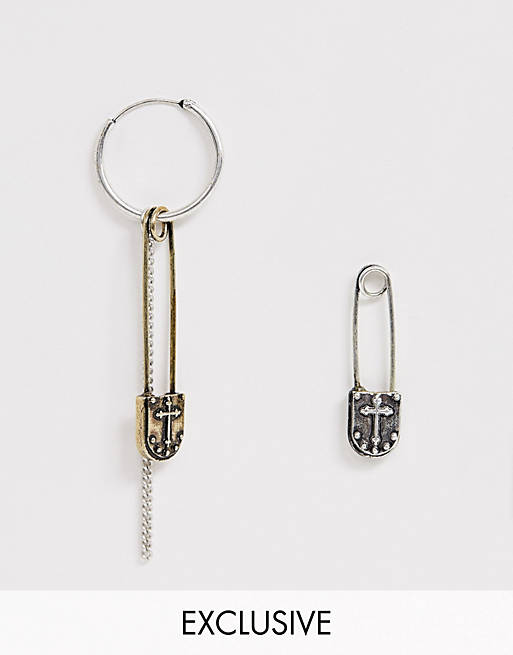 Reclaimed Vintage inspired hoop interest earrings with safety pin design in silver exclusive to ASOS