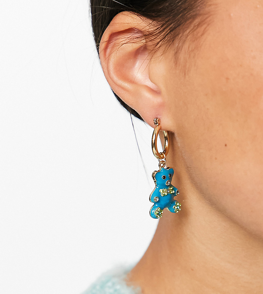 Reclaimed Vintage inspired huggie hoop drop earrings with bear charms in gold
