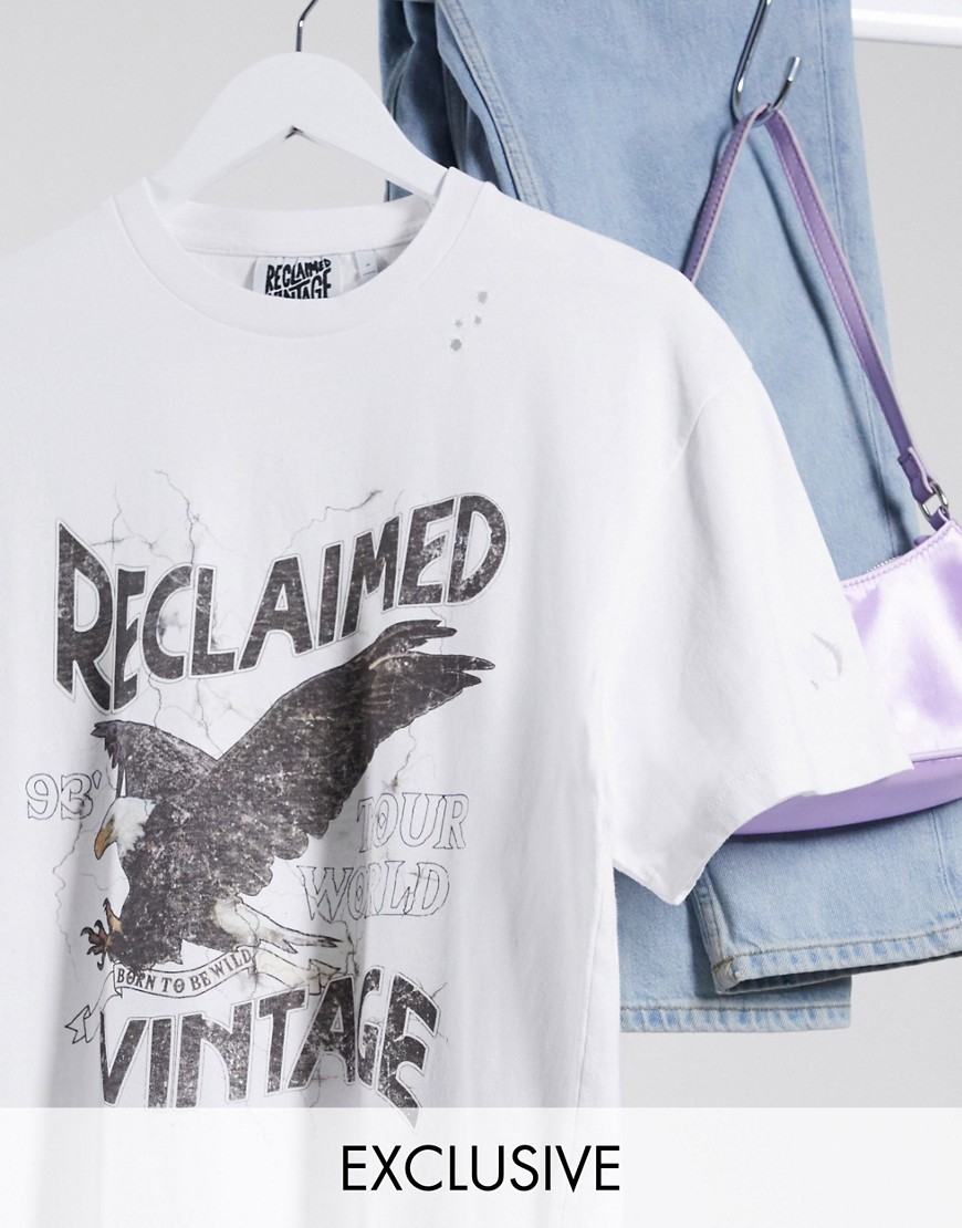 Reclaimed Vintage inspired - Hvid rock-t-shirt med slidmærker og flængede kanter