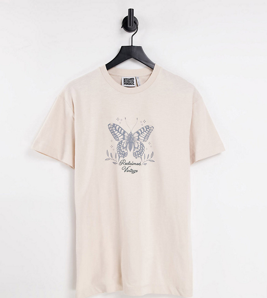 Reclaimed Vintage inspired inclusive t shirt with butterfly print in ecru-White