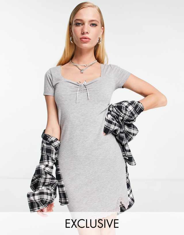Reclaimed Vintage inspired jersey mini dress with bow detail in gray heather