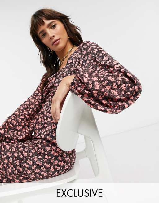 Reclaimed Vintage Inspired - Jumpsuit met pofmouwen in fijne bloemenprint