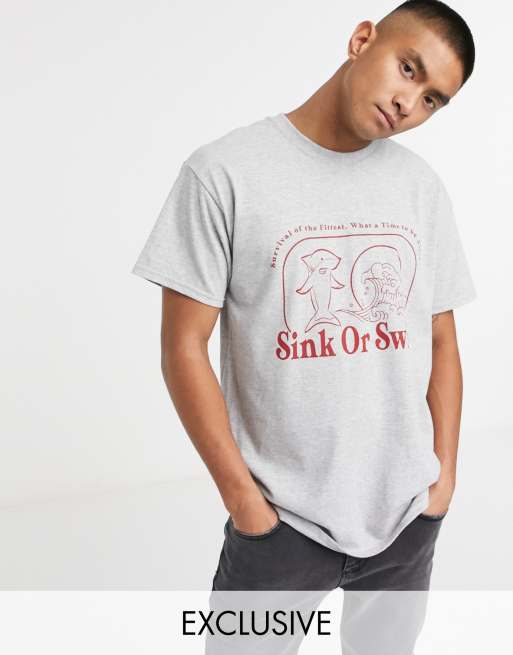 Reclaimed Vintage – Inspired – Kalkgraues T-Shirt mit Haifisch-Print