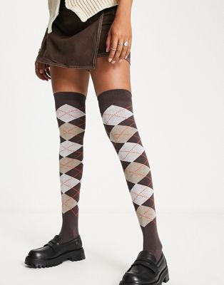 Reclaimed Vintage inspired knee high argyle print socks in brown
