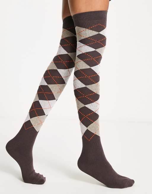 Reclaimed Vintage Inspired knee high argyle print socks in brown