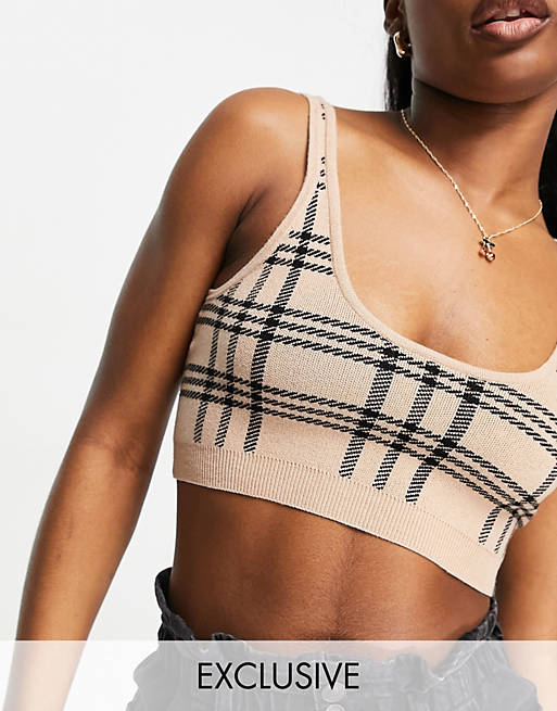 Women Reclaimed Vintage inspired knitted bralette in neutral check print co-ord 