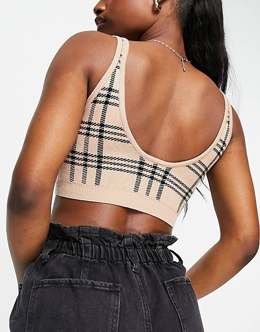 Women Reclaimed Vintage inspired knitted bralette in neutral check print co-ord 