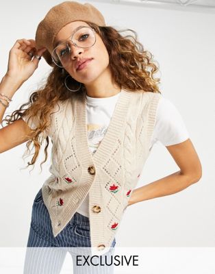 Reclaimed Vintage inspired knitted button up waistcoat with floral embroidery in ecru
