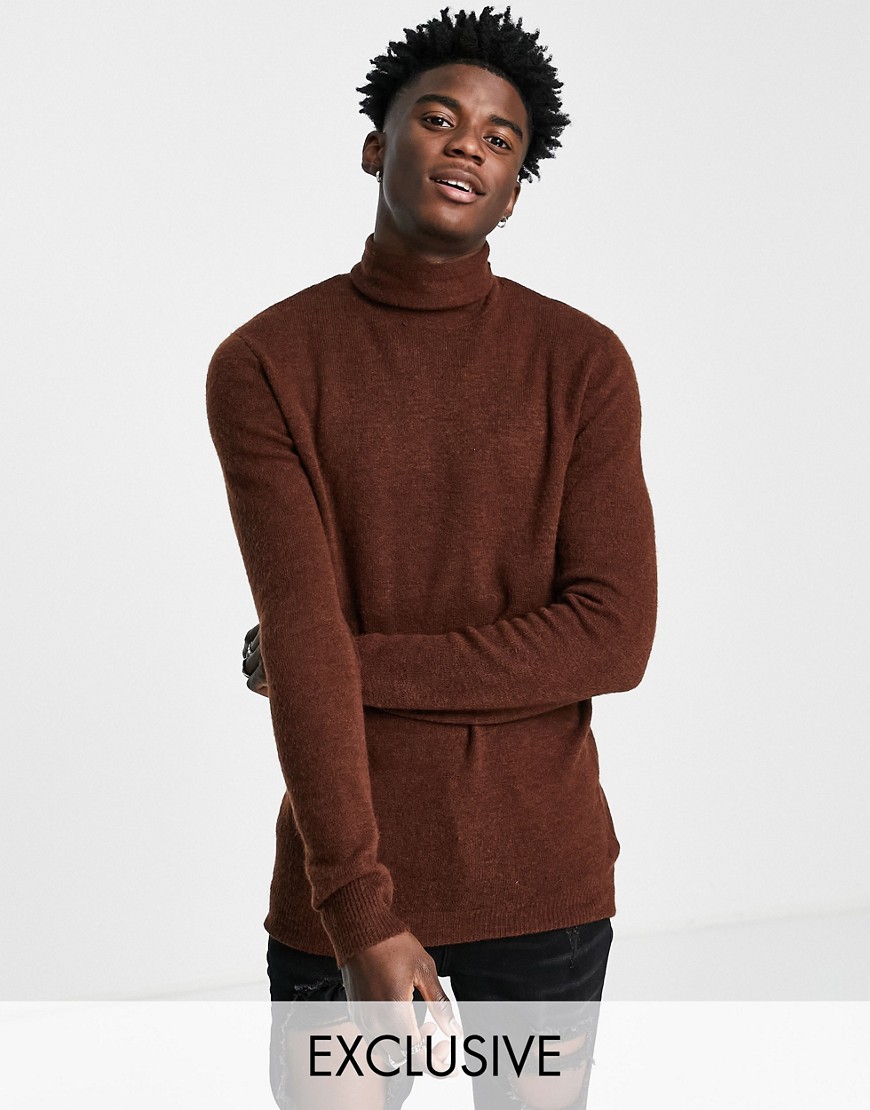 Reclaimed Vintage inspired knitted roll neck in brown