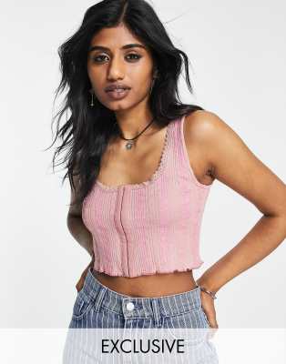 Reclaimed Vintage Inspired - Korsett-Oberteil mit Haken und Ösen in floralem Design-Rosa