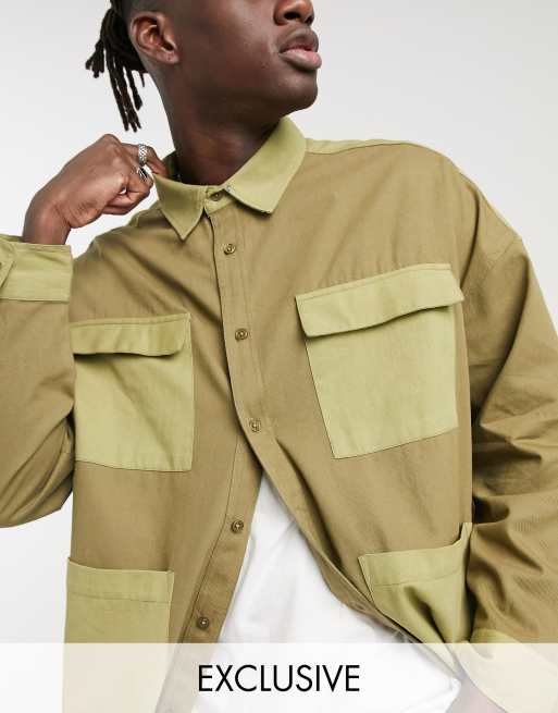 Reclaimed Vintage Inspired – Kurtka koszulowa z diagonalu w kolorze khaki