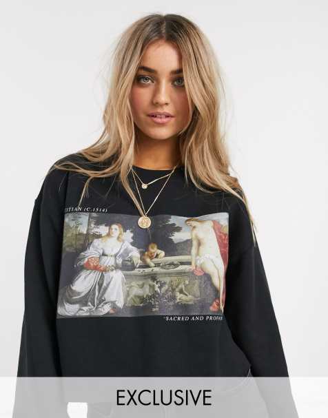 Reclaimed Vintage Inspired – Kurzes Sweatshirt in Schwarz mit Kunst-Print